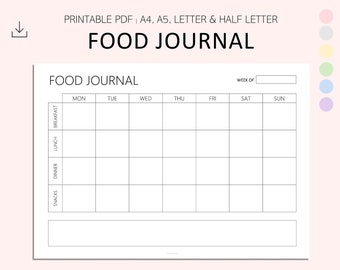 Food Journal - Food Diary - Diet Diary - Weekly Meal Planner - 7 Day Food Recorder - Week Food Journal - A4 - A5 - Letter - PDF