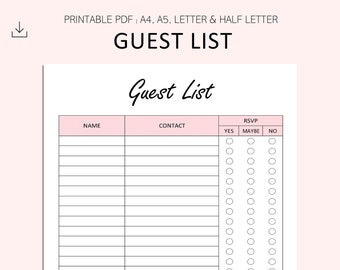 Guest List - Event List Printable - Event RSVP Tracker - Party Invitation List - Event Contact List - PDF - A4 - A5 - Letter - Half Letter