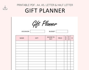 Gift Planner Printable - Gift Ideas - Gifts To Buy List - Gift Checklist - Christmas - Birthday -  PDF - A4 - A5 - Letter - Half Letter