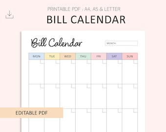 Könnte beinhalten: Ein druckbarer Rechnungs-Kalender im PDF-Format, erhältlich in den Größen A4, A5 und Letter. Das Dokument enthält eine Überschrift mit dem Text Bill Calendar, ein Feld für den Monat und ein wöchentliches Raster mit farbigen Kopfzeilen von Montag bis Sonntag.