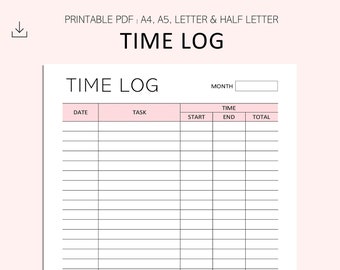 Time Log Printable - Task Tracker - Timesheet Printable - Project Time Log - Task Time Log - Time Tracker - PDF - A4 - A5 - LETTER