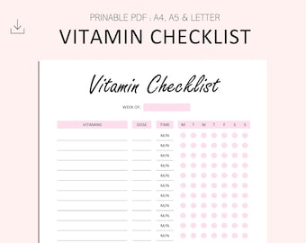 Vitamin Checklist - Vitamin Tracker - Weekly Supplement Checklist - Dose - Time of Day - Health printable - A4 - A5 - LETTER -PDF