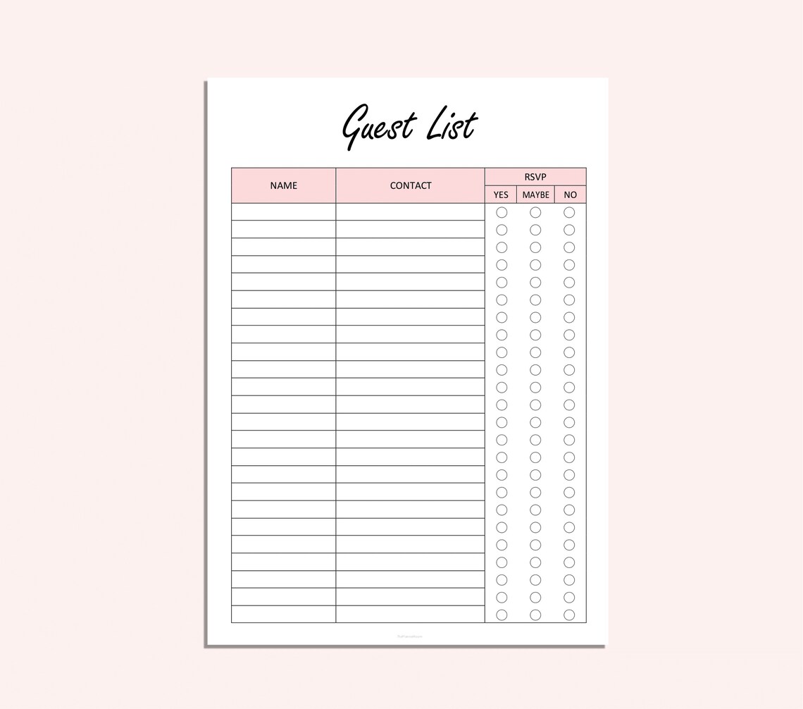 Guest List Event List Printable Event RSVP Tracker Party Invitation