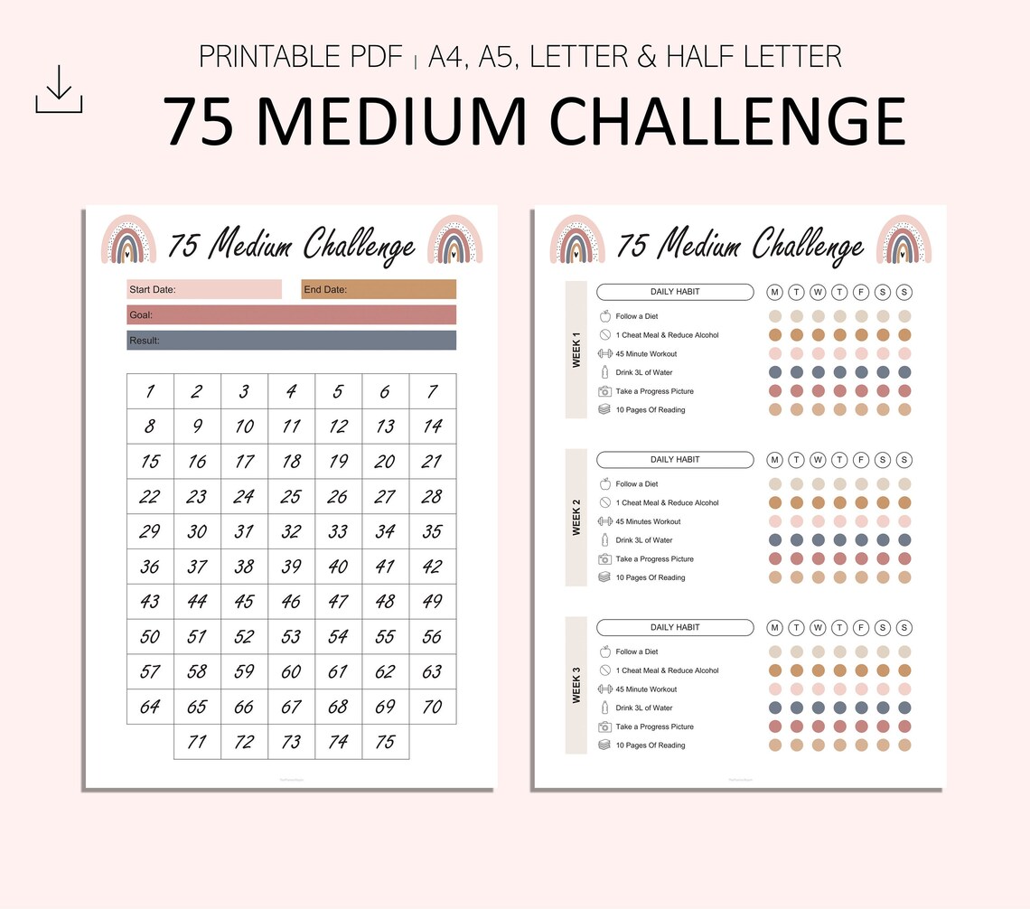 75 Medium Challenge Tracker - Boho 75 Challenge Printable - PDF - A4 ...
