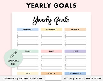 May include: A Yearly Goals planner page featuring a white background with black text and colorful headers for each month. The layout includes checkboxes and horizontal lines for writing tasks. A circular badge displays a pencil icon and the text Editable PDF.
