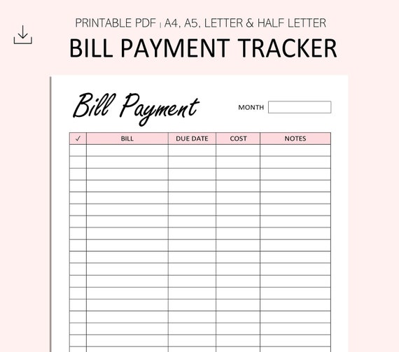 Bill Payment Tracker Monthly Bill Payment Log Bill Payment Etsy Australia
