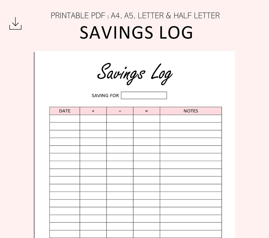 Savings Log Printable Savings Tracker Savings Goal Savings Sheet PDF A4 ...