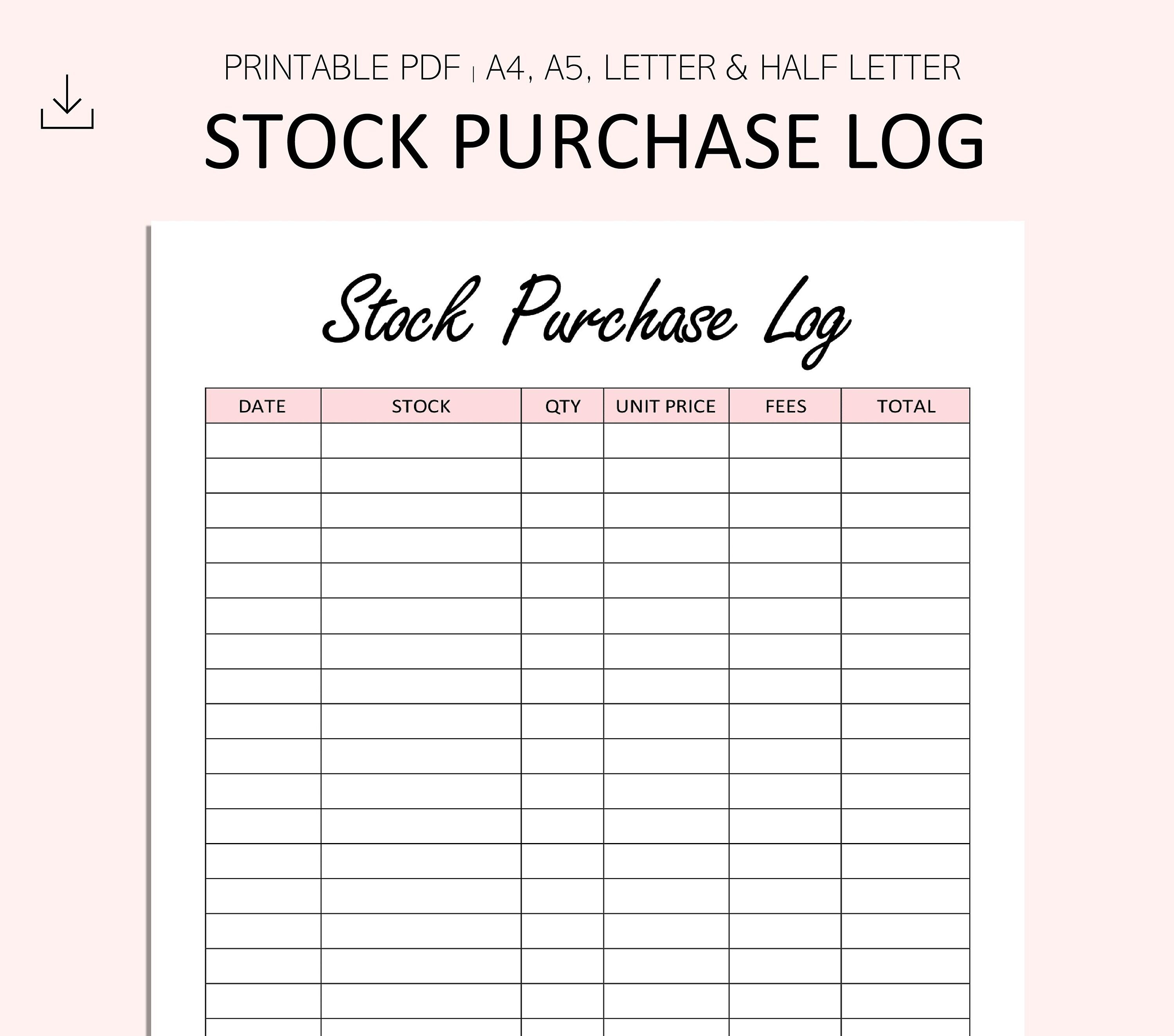 Stock Purchase Log Printable Investment Tracker Shares Etsy