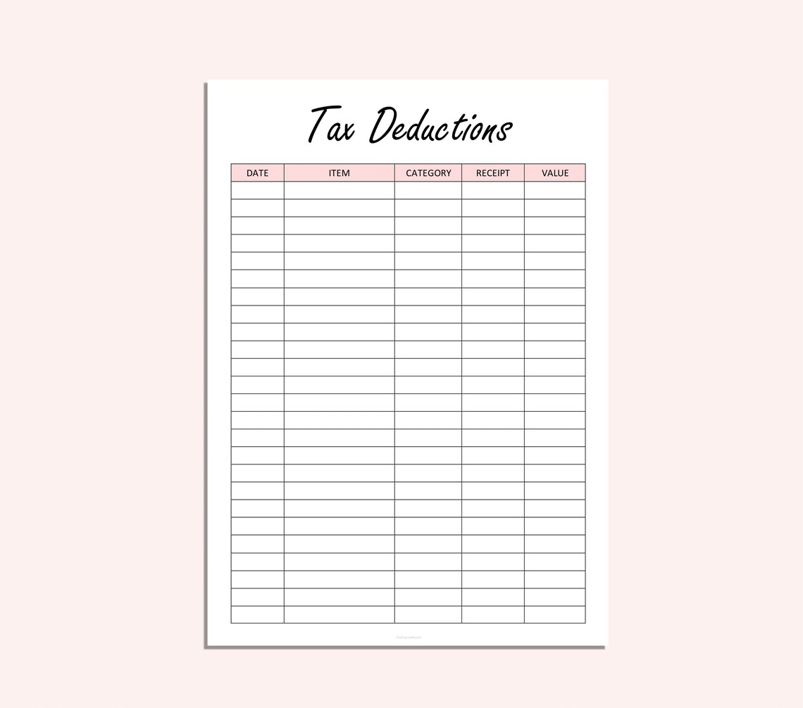 Tax Deduction Log Printable Tax Purchase Record Tax Etsy