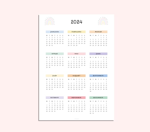 Calendario arcobaleno 2024 Calendario stampabile 2024 Calendario digitale  2024 Calendario PDF -  Italia