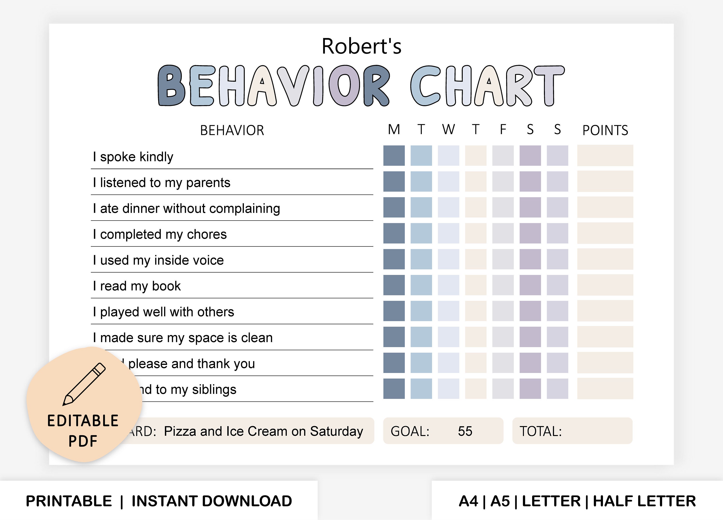 Behavior Chart Children Behavior Tracker Children Behavior Etsy