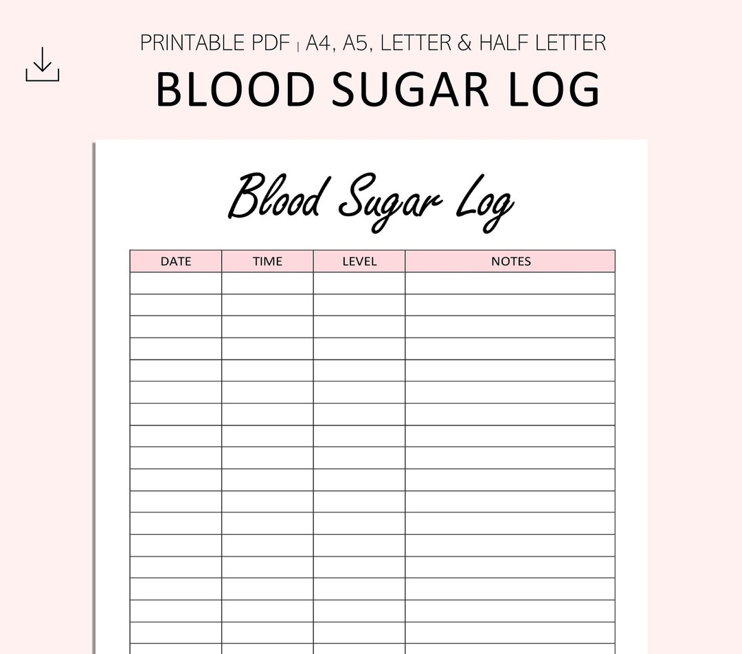 Blood Sugar Log Printable Blood Sugar Reading Tracker Blood Glucose Tracker Diabetes Printable
