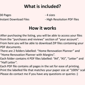 Pu&ograve; includere: Un elenco di download digitale per un planner di ristrutturazione domestica. L'elenco include 30 pagine, 4 dimensioni e file PDF ad alta risoluzione. L'elenco include anche istruzioni su come accedere e scaricare i file.