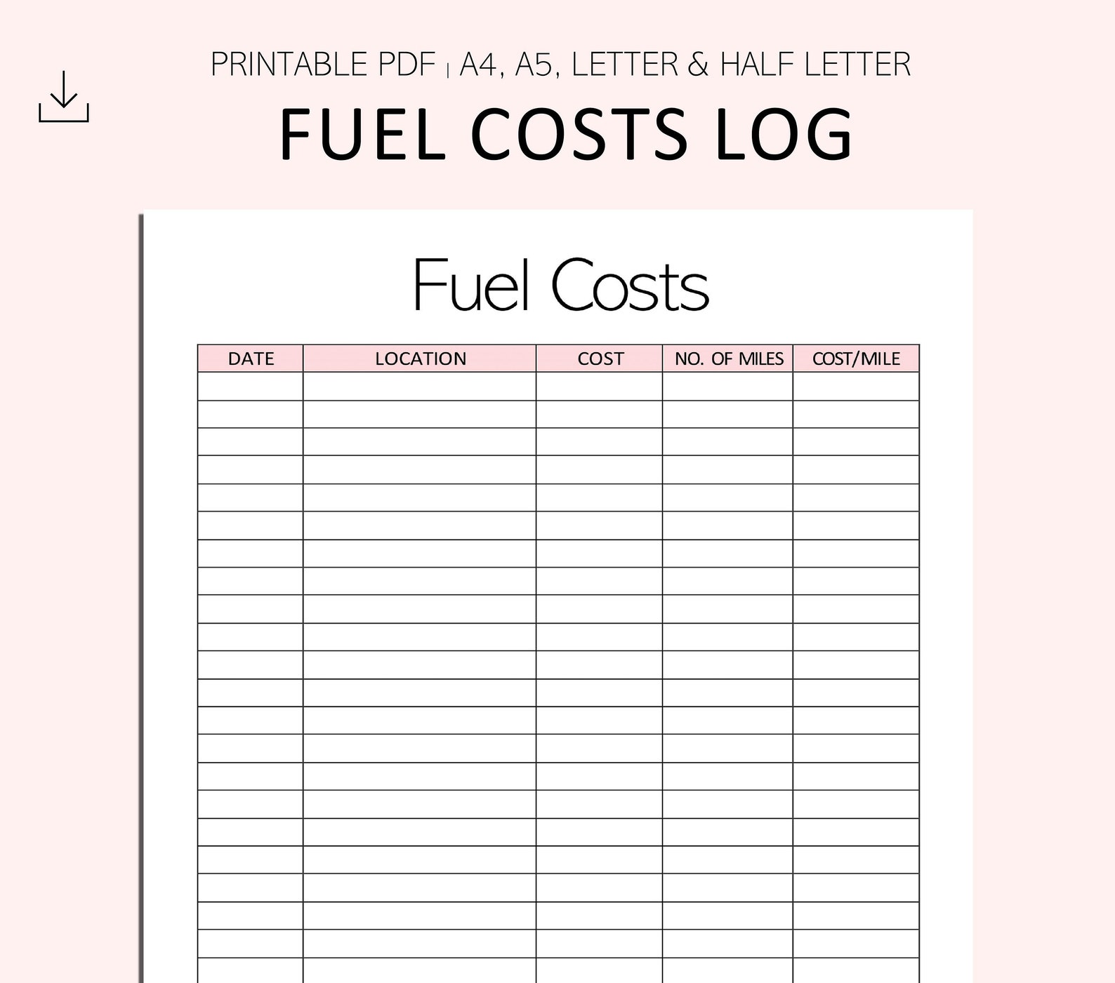 Fuel Cost Log Fuel Expense Tracker Fuel Cost Printable Etsy