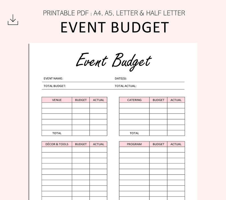 Event budget printable event planning event expenses tracker pdf