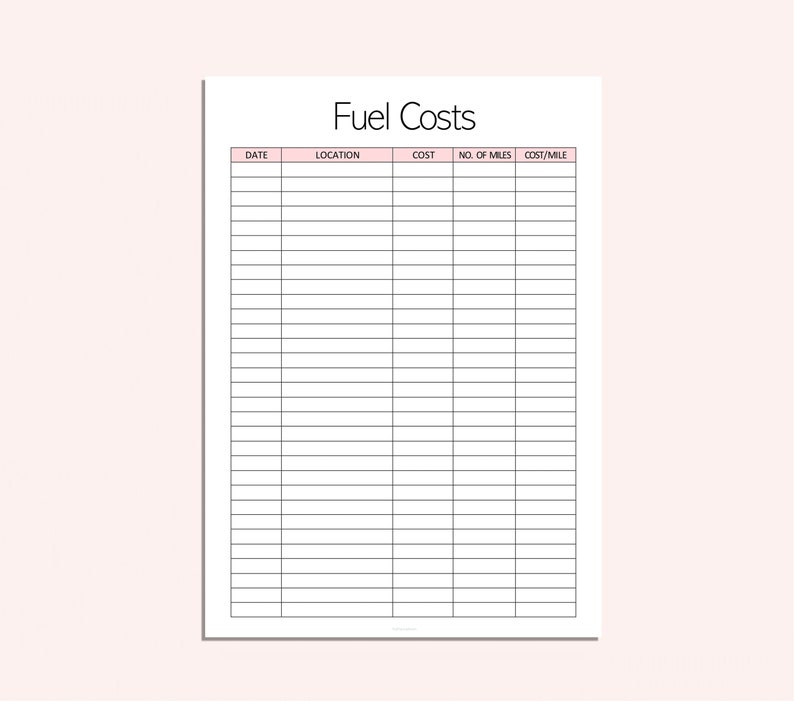 Fuel Cost Log Fuel Expense Tracker Fuel Cost Printable Etsy