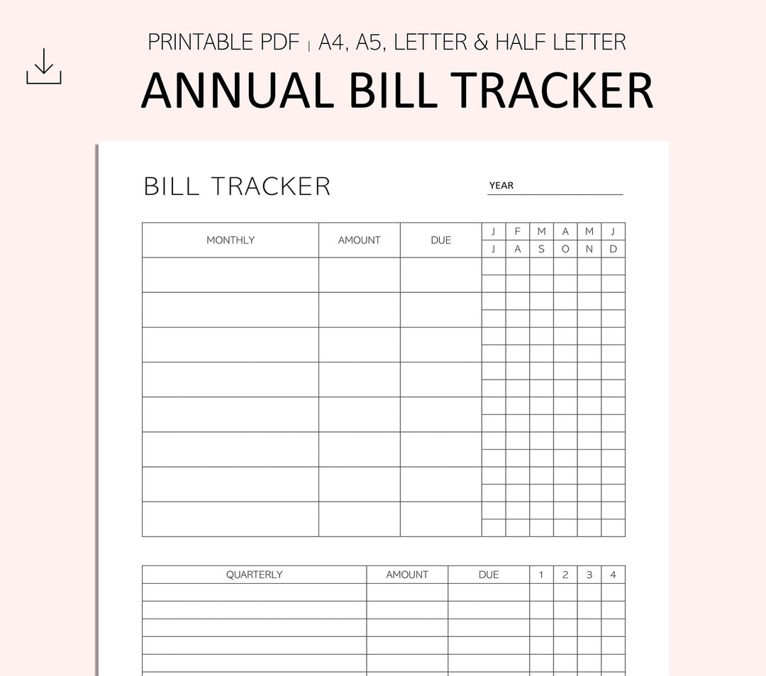 Annual Bill Tracker Bill Log Printable Year Bill Printable PDF A4 A5 ...