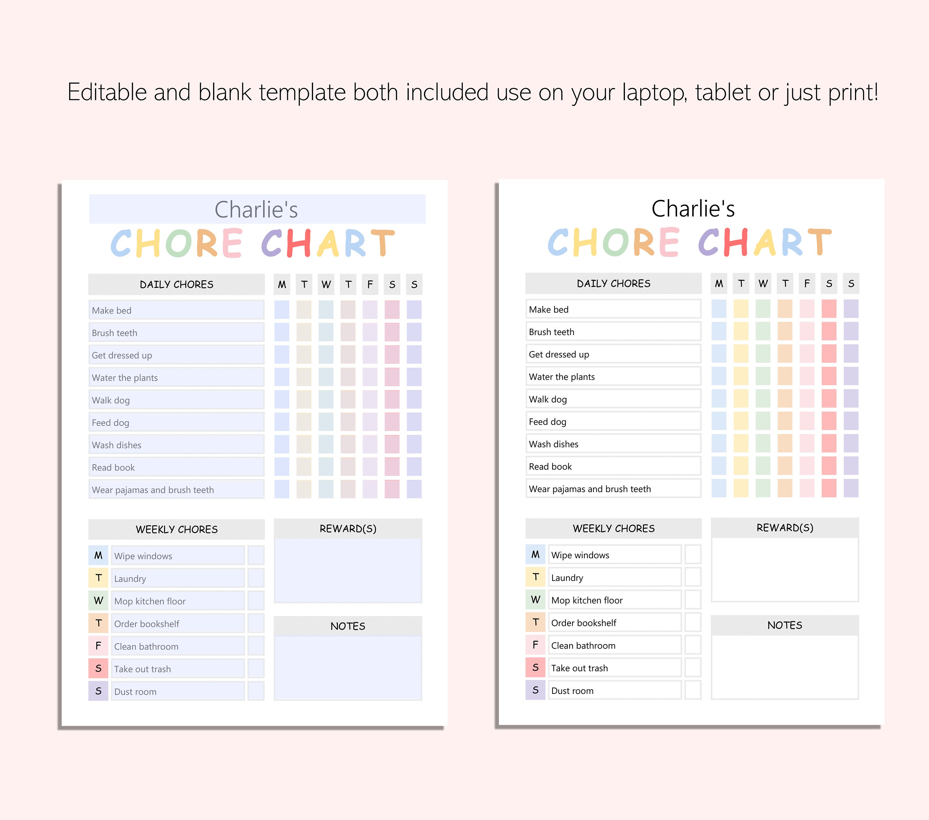 Editable Weekly Child Chore Chart Kids Chore Chart Chore Tracker ...