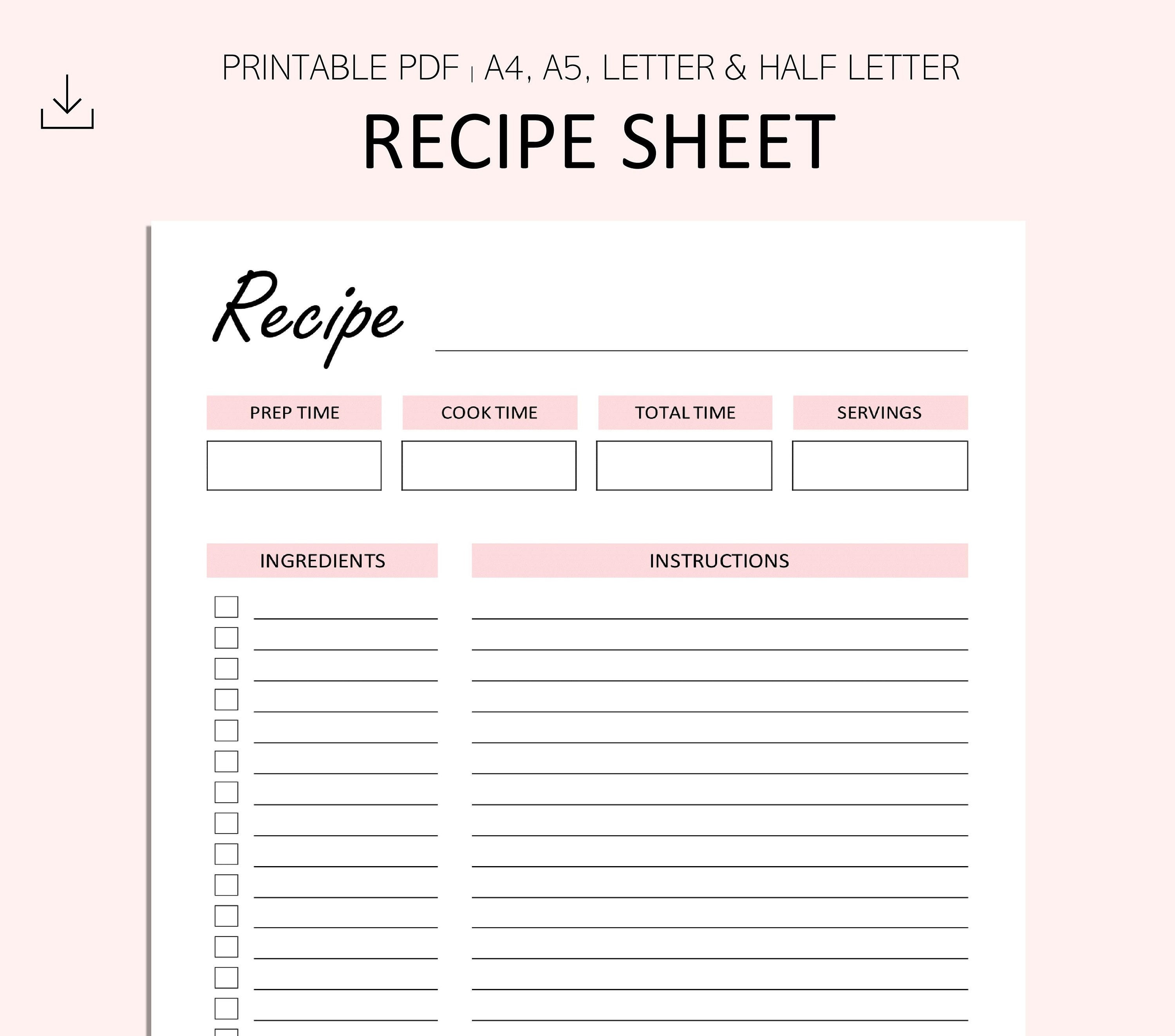 Recipe Sheet Printable Recipe Instructions Recipe Page Etsy Australia