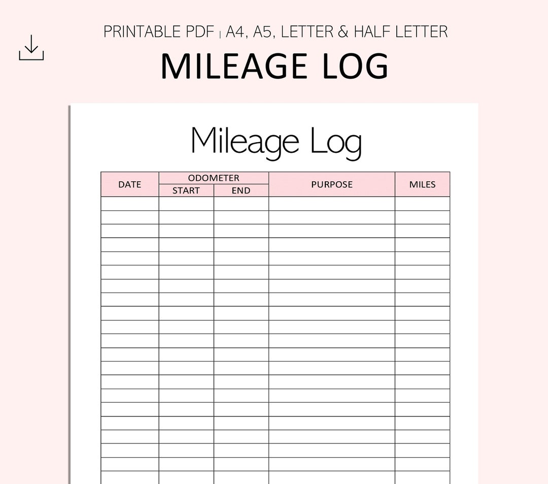 Mileage Log Printable Vehicle Miles Travelled Tracker Mileage Tracker Car Mileage Printable PDF