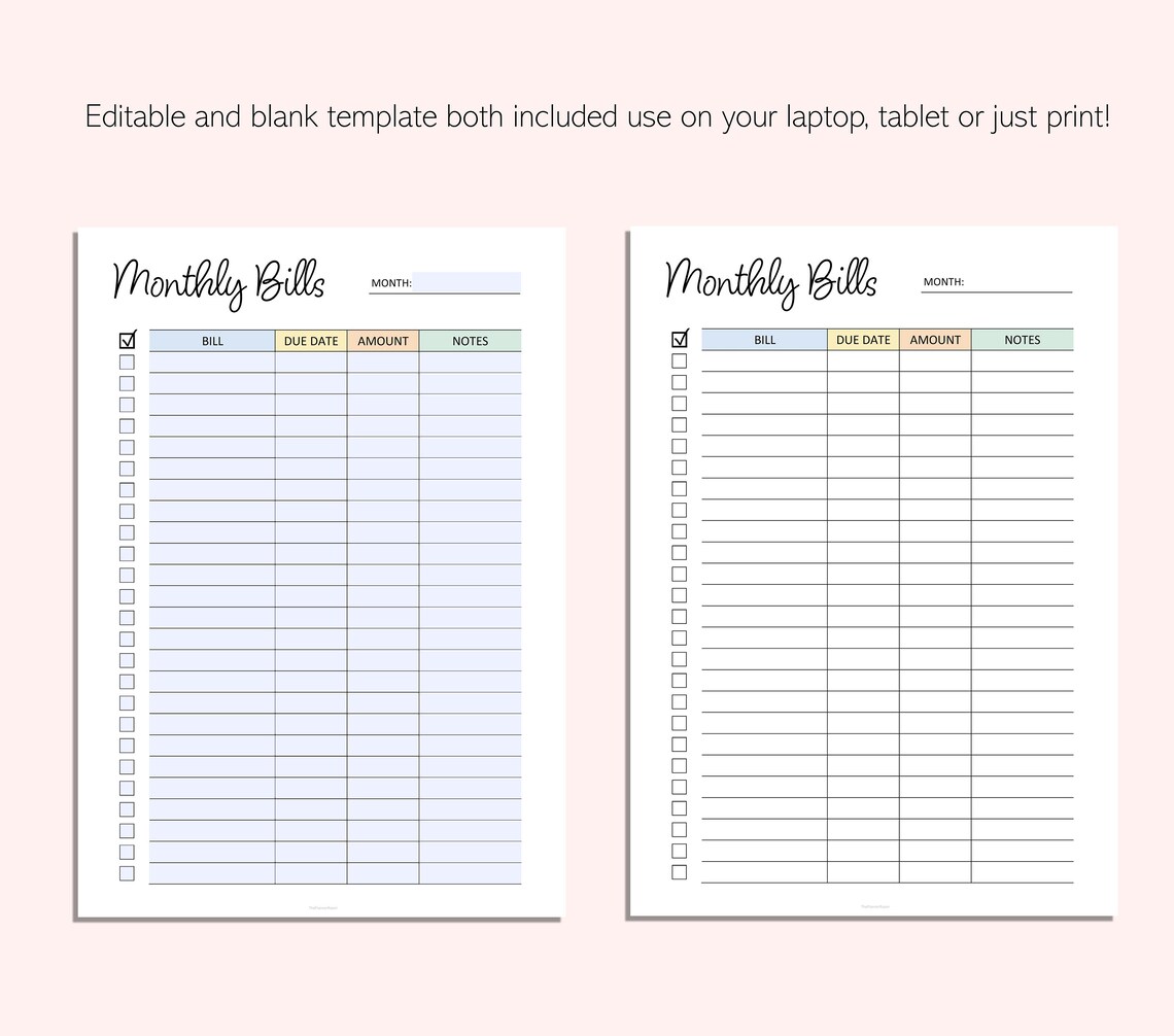 Monthly Bill Tracker Printable -editable Payment Tracker - Bill Log ...