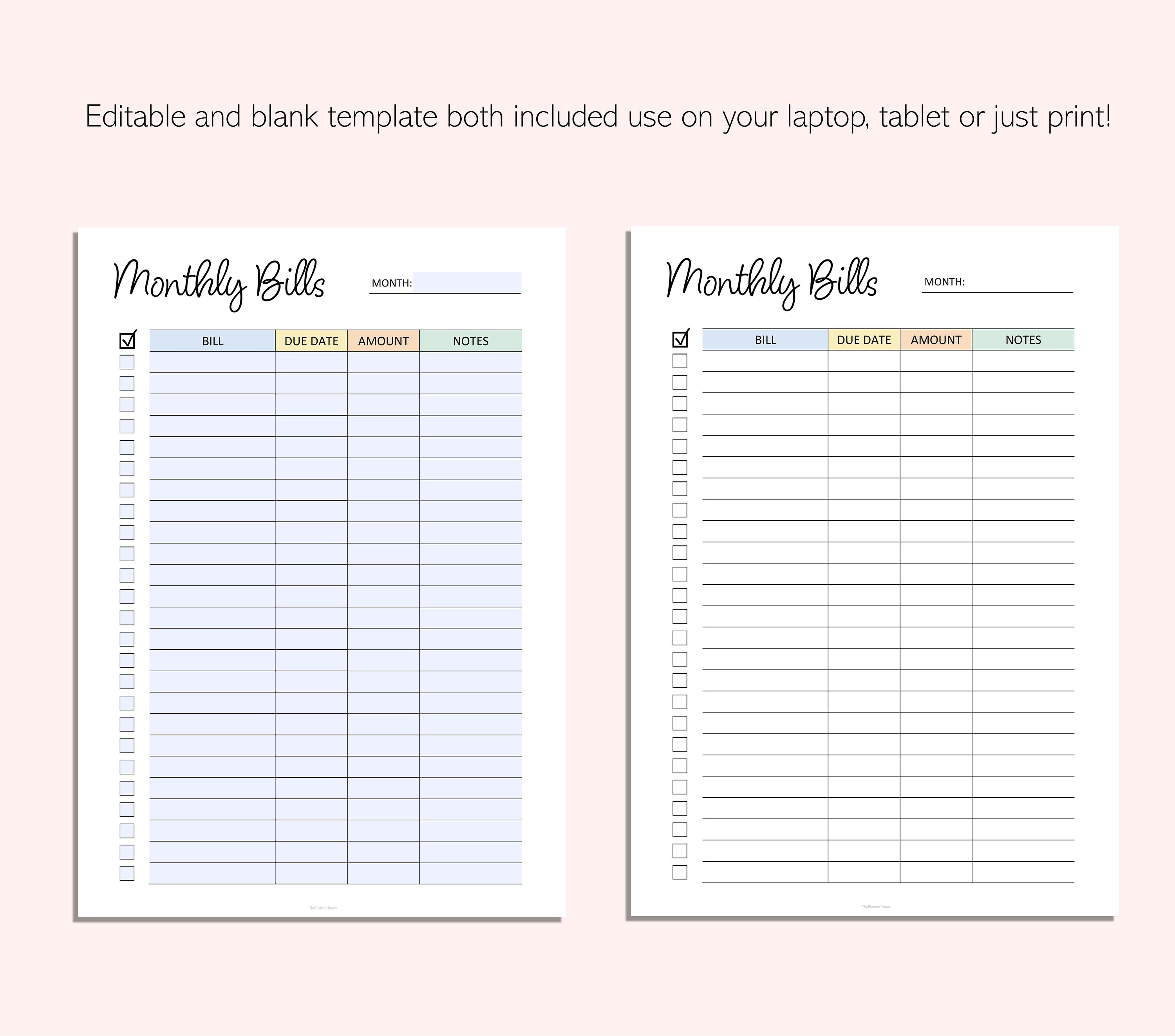 Monthly Bill Tracker Printable -editable Payment Tracker - Bill Log ...