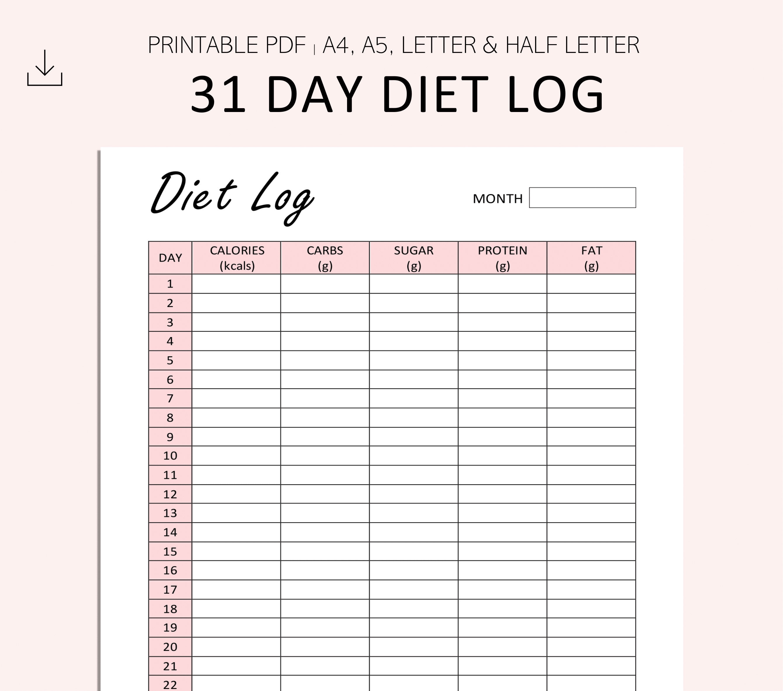 31 Day Diet Log Month Diet Tracker Printable Daily Food | Etsy