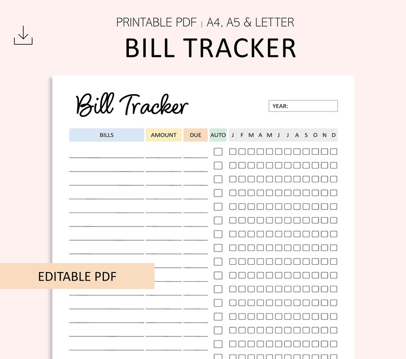 Editable Bill Tracker Tracker Bill Checklist Annual Bill Log Utility ...