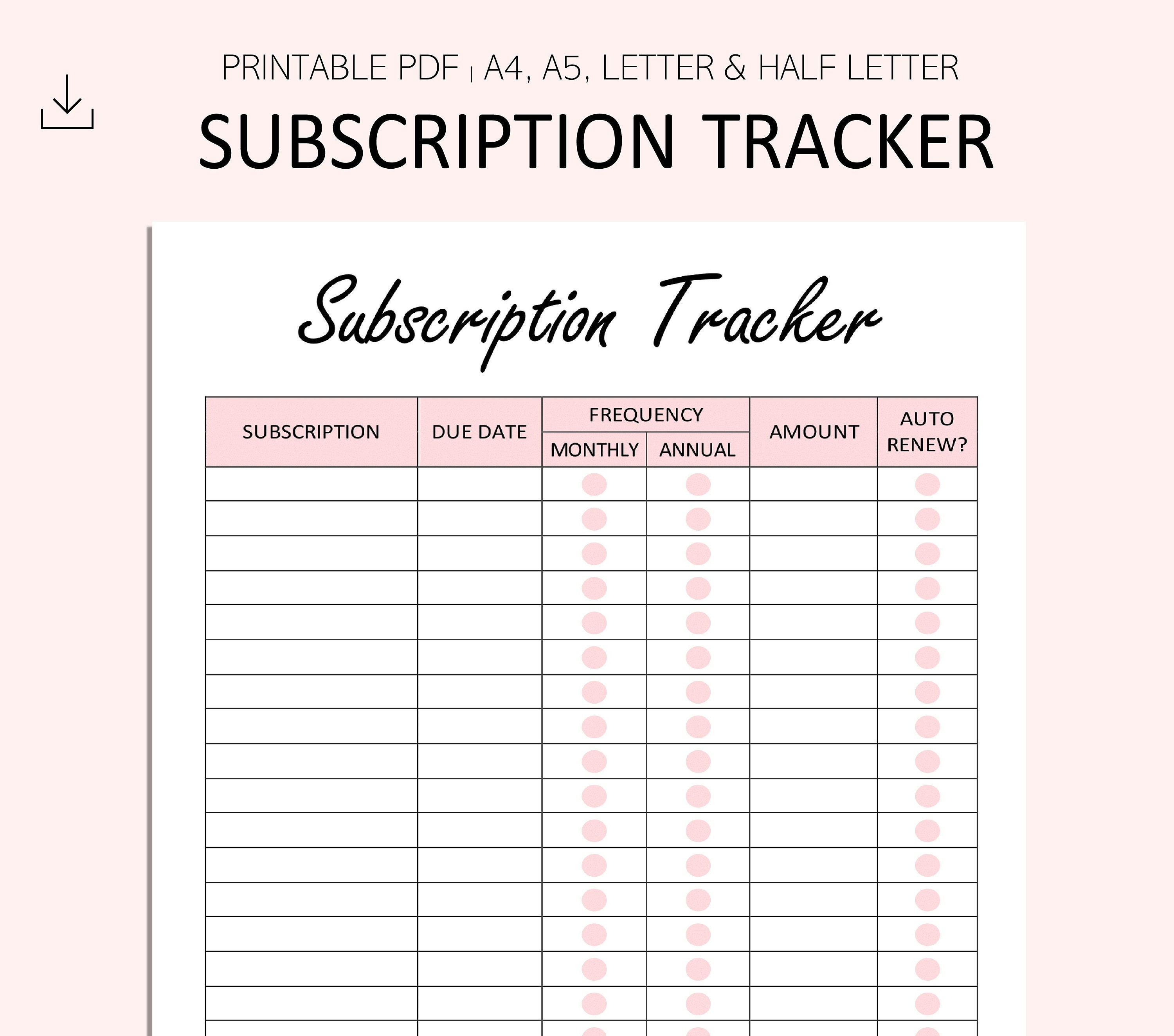 Subscription Tracker Printable Subscription Log Expense Etsy Canada