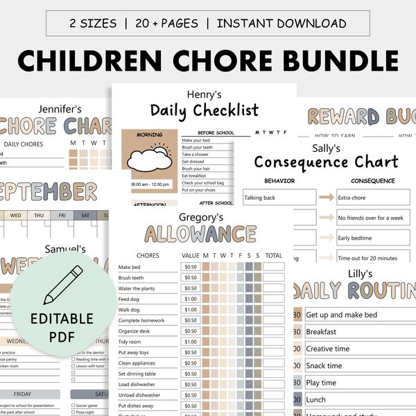 Editable Children's Chore Bundle - Kids Chore Printables - Chore Charts - Daily Planner - Schedule - Reward - Allowance - Responsibility PDF