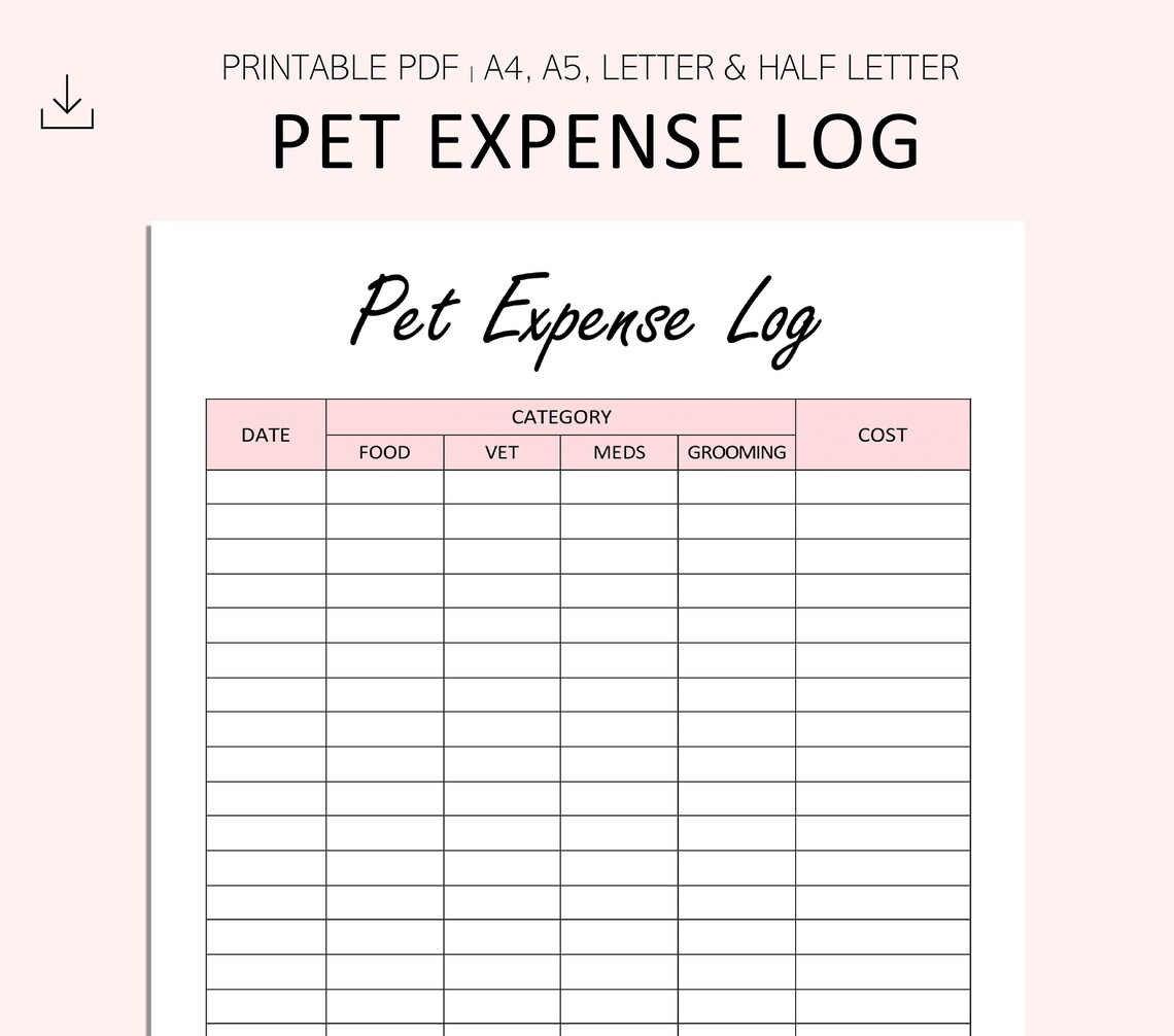 Pet Expense Tracker Printable Pet Spending Log Dog Care Etsy UK