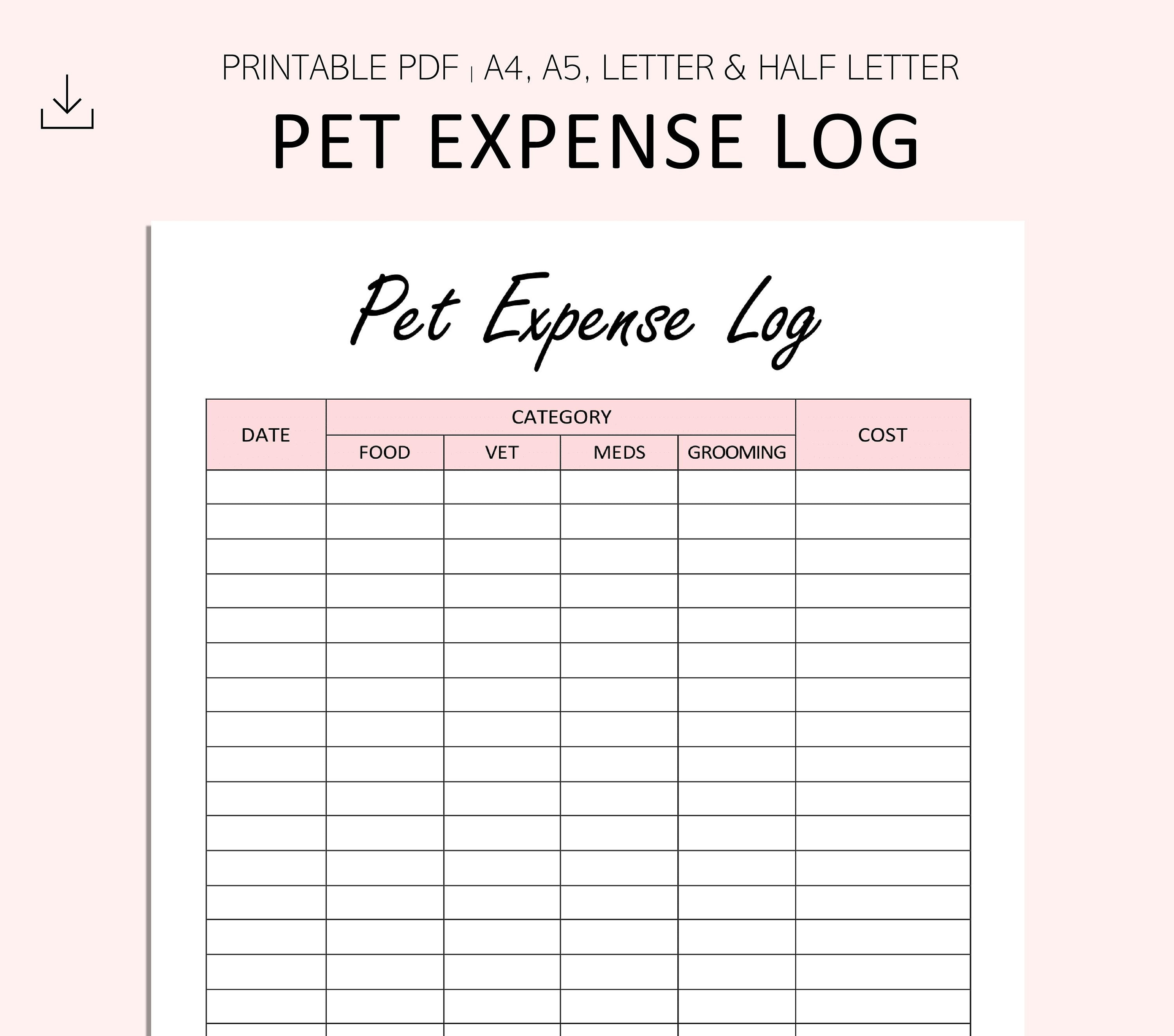 Pet Expense Tracker Printable Pet Spending Log Dog Care Etsy UK