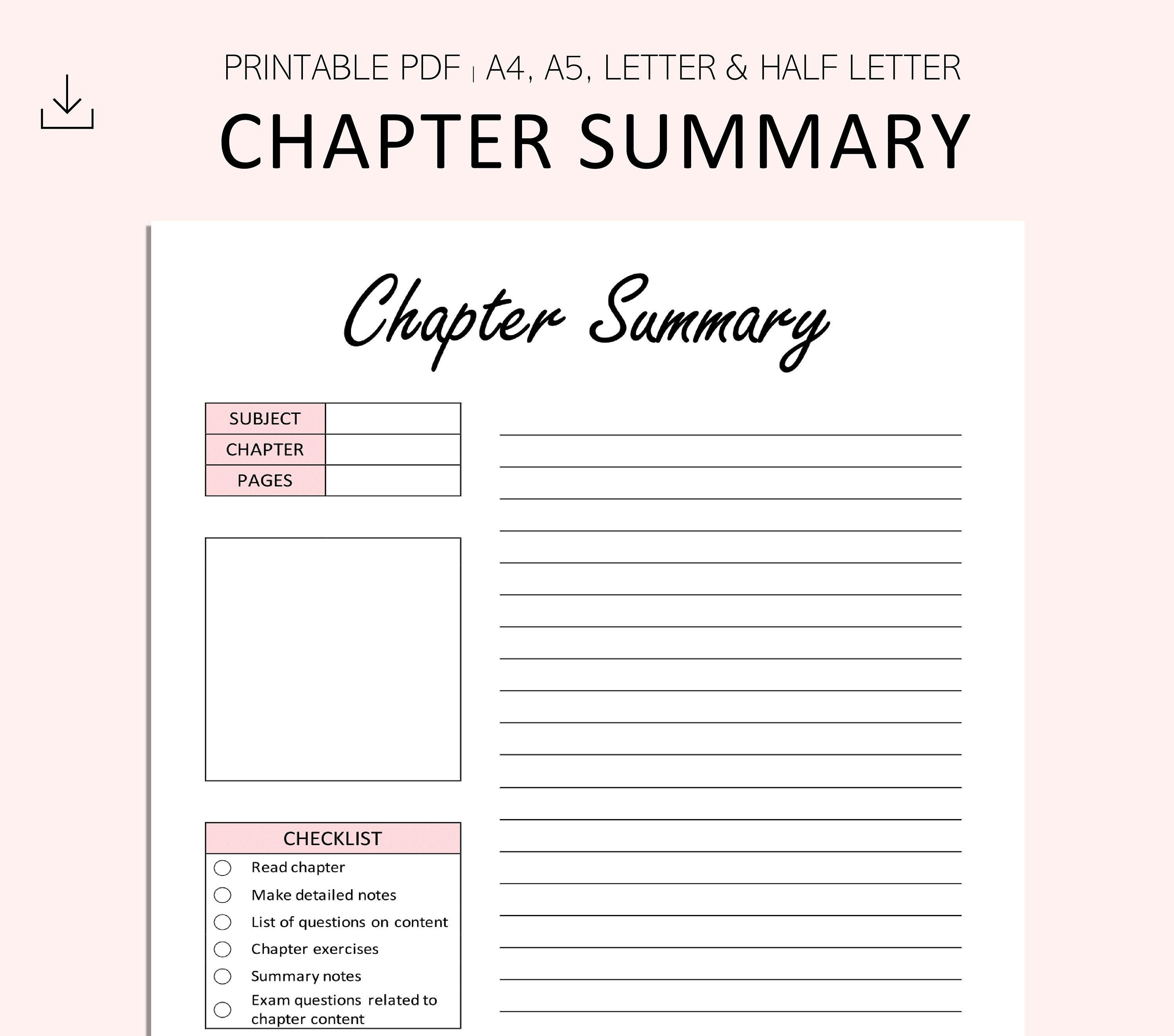 Chapter Summary Sheet Printable Revision Summary Printable Etsy