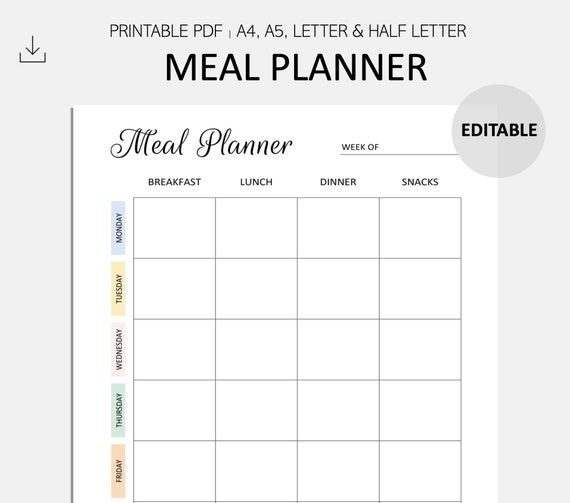 Editable Meal Planner Fillable Meal Planner PDF A4 A5 - Etsy