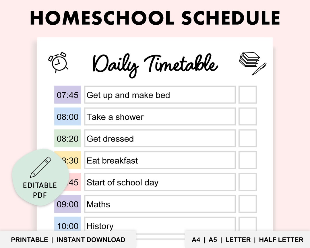 Editable daily timetable printable homeschool schedule etsy