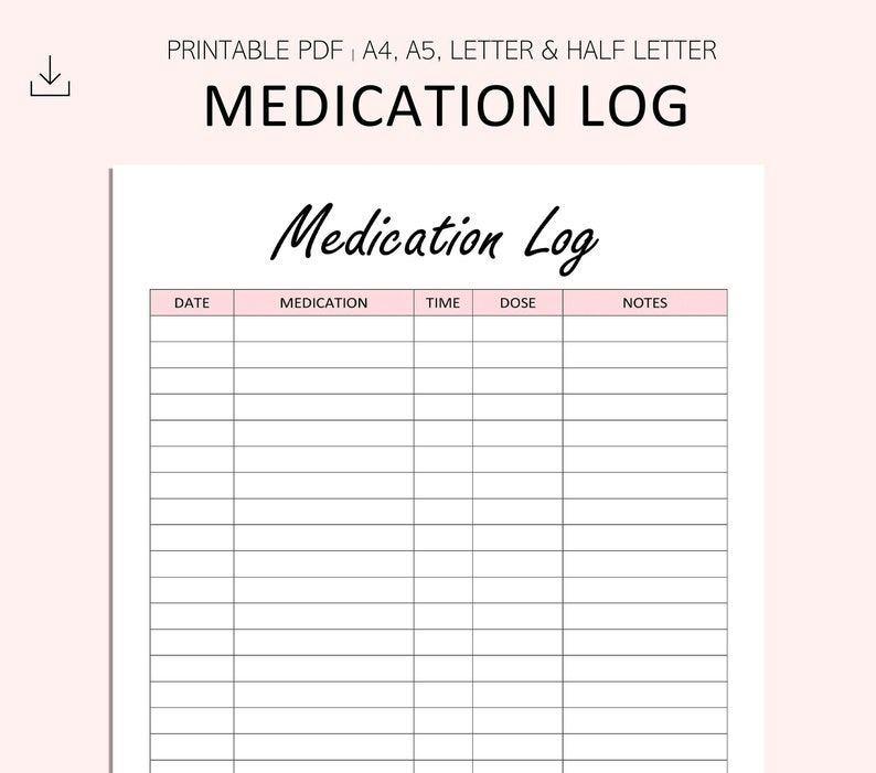 Medication Log Printable Medicine Taken Tracker PDF A4 - Etsy