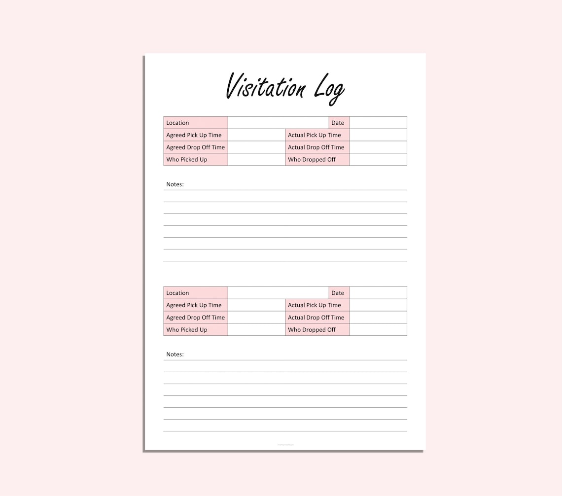 Visitation Log Printable Child Care Log Child Visits Tracker Visitation