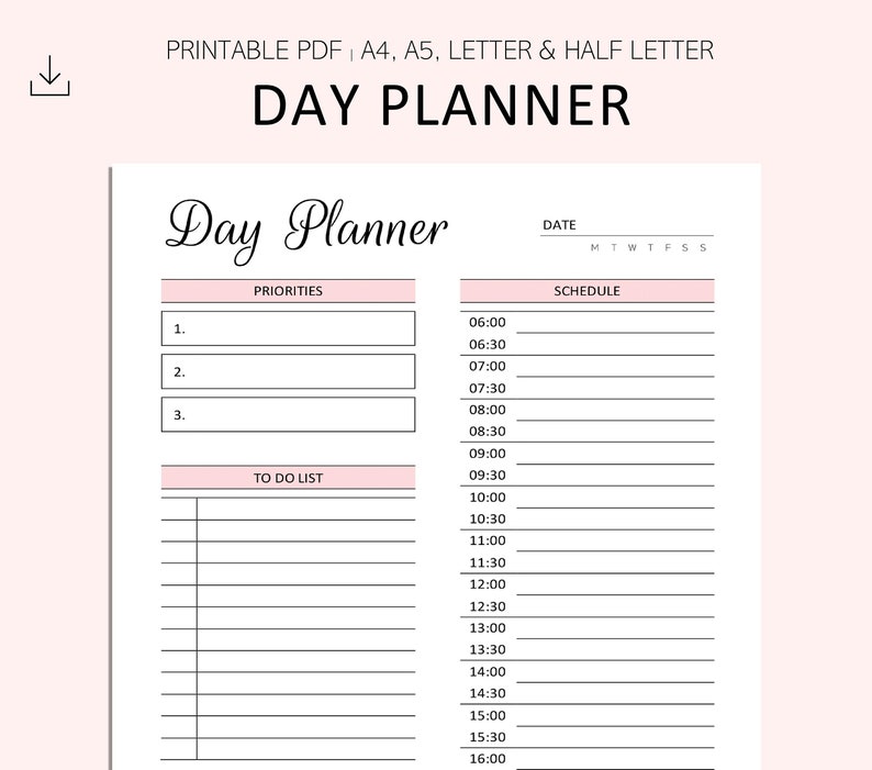 Day Planner Printable Daily Schedule Printable 30 minute interval PDF A4 A5 LETTER image 1