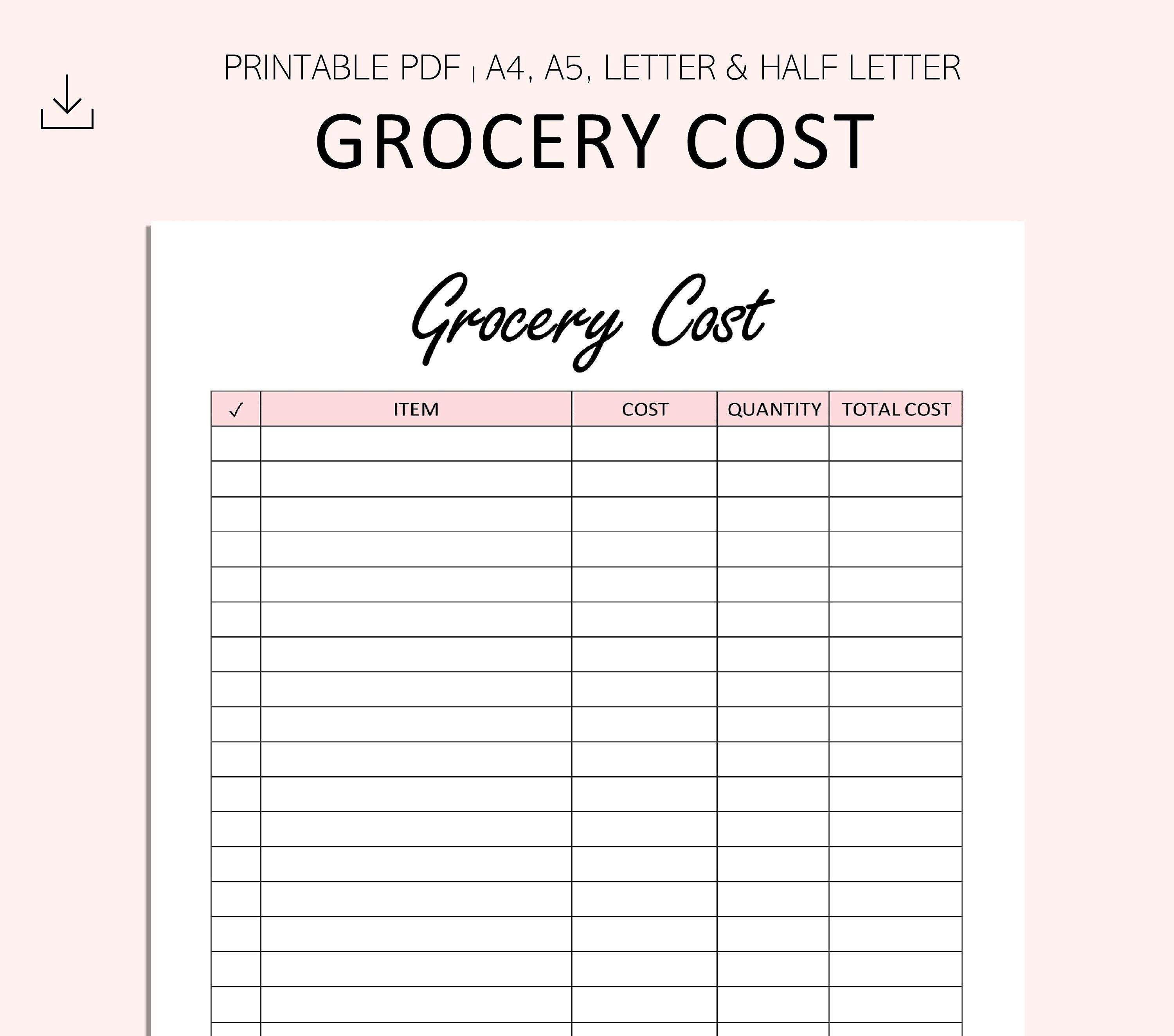 Grocery Cost Tracker Grocery List Printable Shopping List - Etsy UK