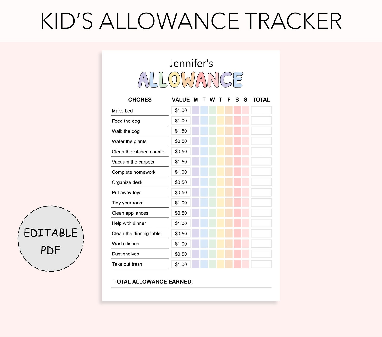 Editable Allowance Tracker for Kids Printable Allowance Chore Chart ...