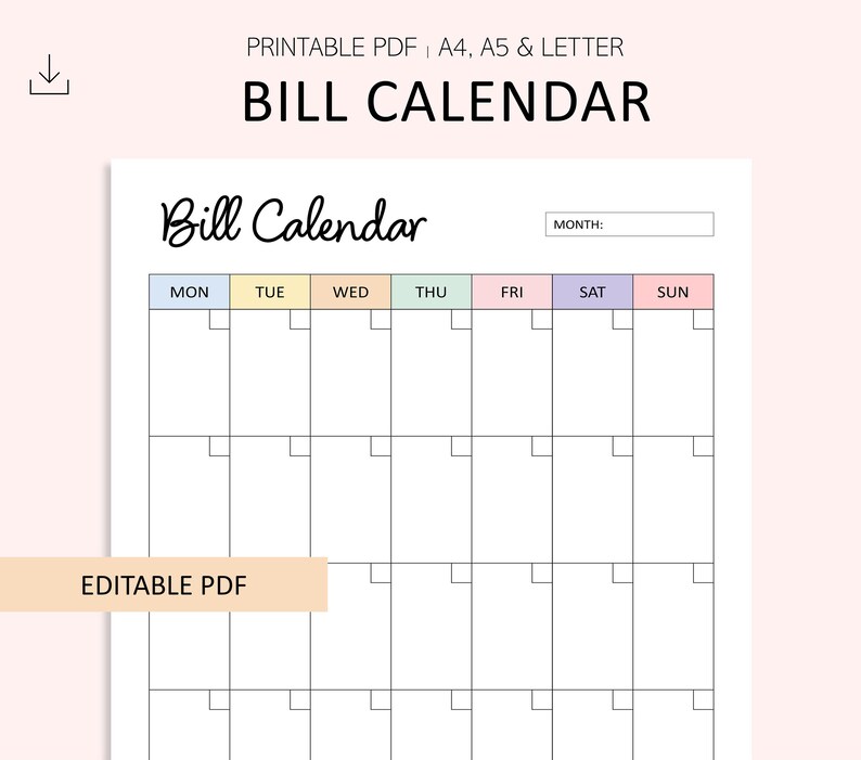 Editable Bill Calendar Bill List Monthly Bill Dates Expense Calendar ...