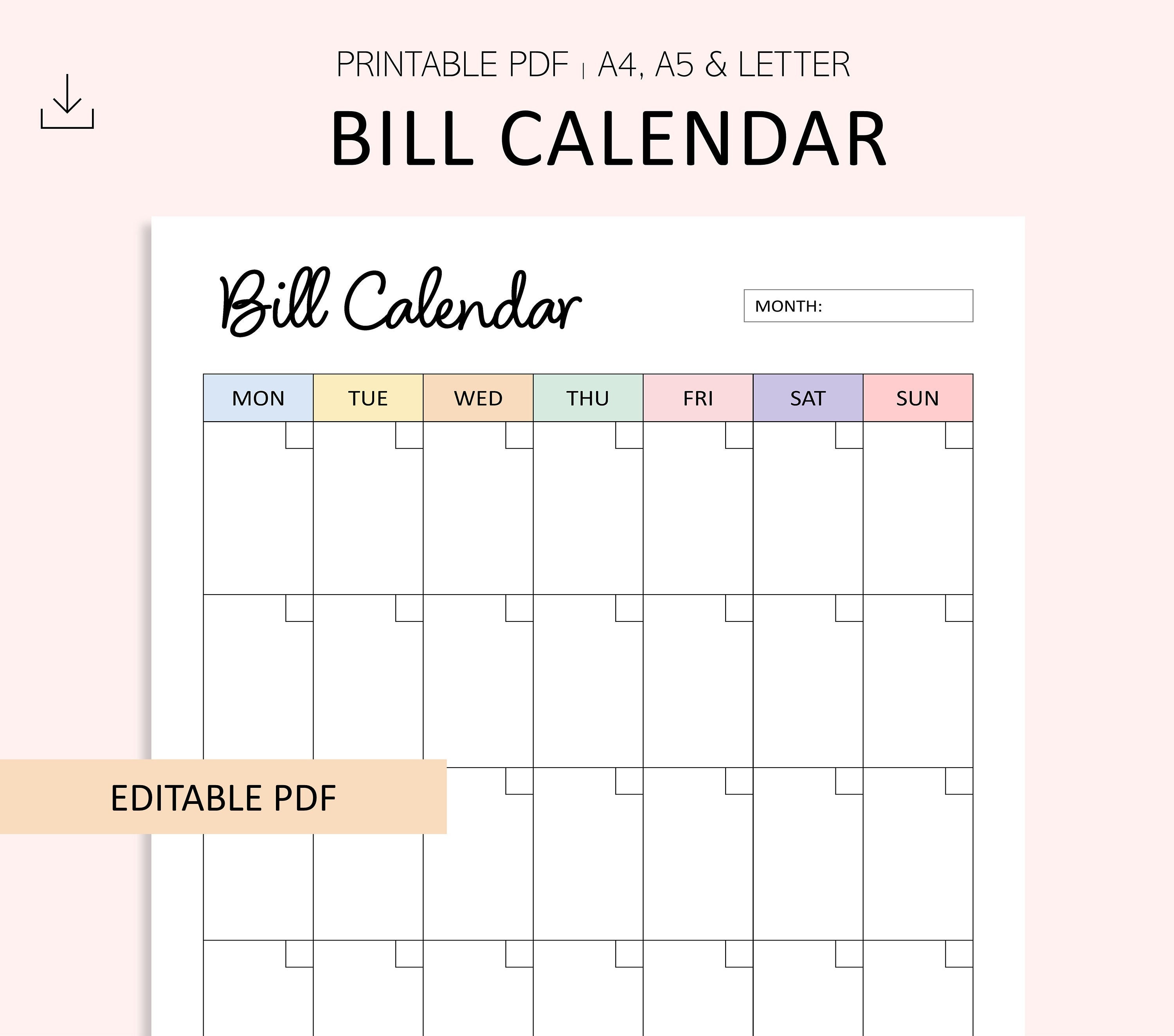 Editable Bill Calendar Bill List Monthly Bill Dates Expense Calendar ...