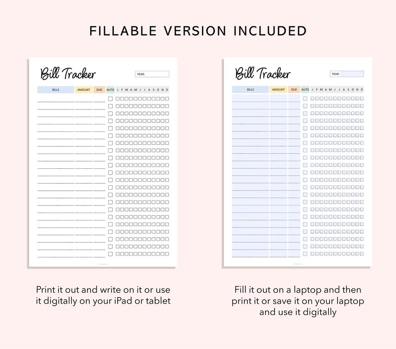 Editable Bill Tracker Tracker Bill Checklist Annual Bill Log Utility ...