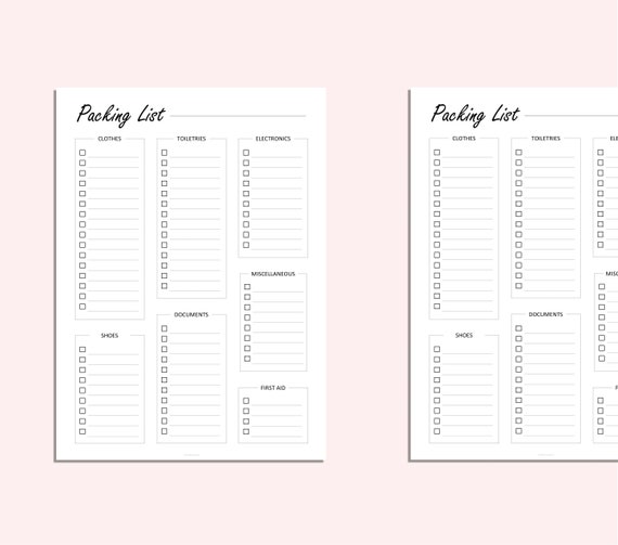 Packing List Packing Checklist Pre-holiday Checklist Vacation Holiday  Checklist PDF A4 A5 LETTER 