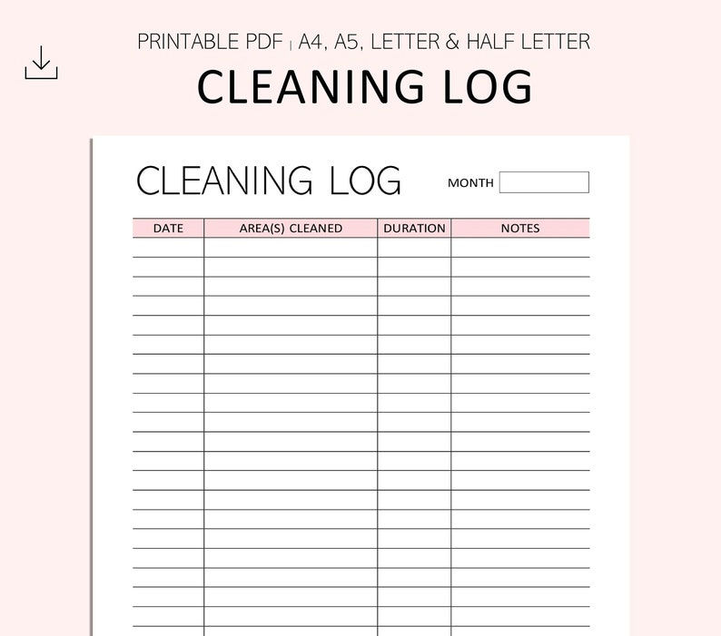 Cleaning Log Printable - Cleaning Tracker - Home Maintenance Printable ...