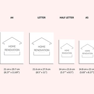 Pu&ograve; includere: Quattro diverse dimensioni di copertine di planner stampabili con un'icona di casa e il testo "Home Renovation Planner". Le dimensioni sono A4, Letter, Half Letter e A5.