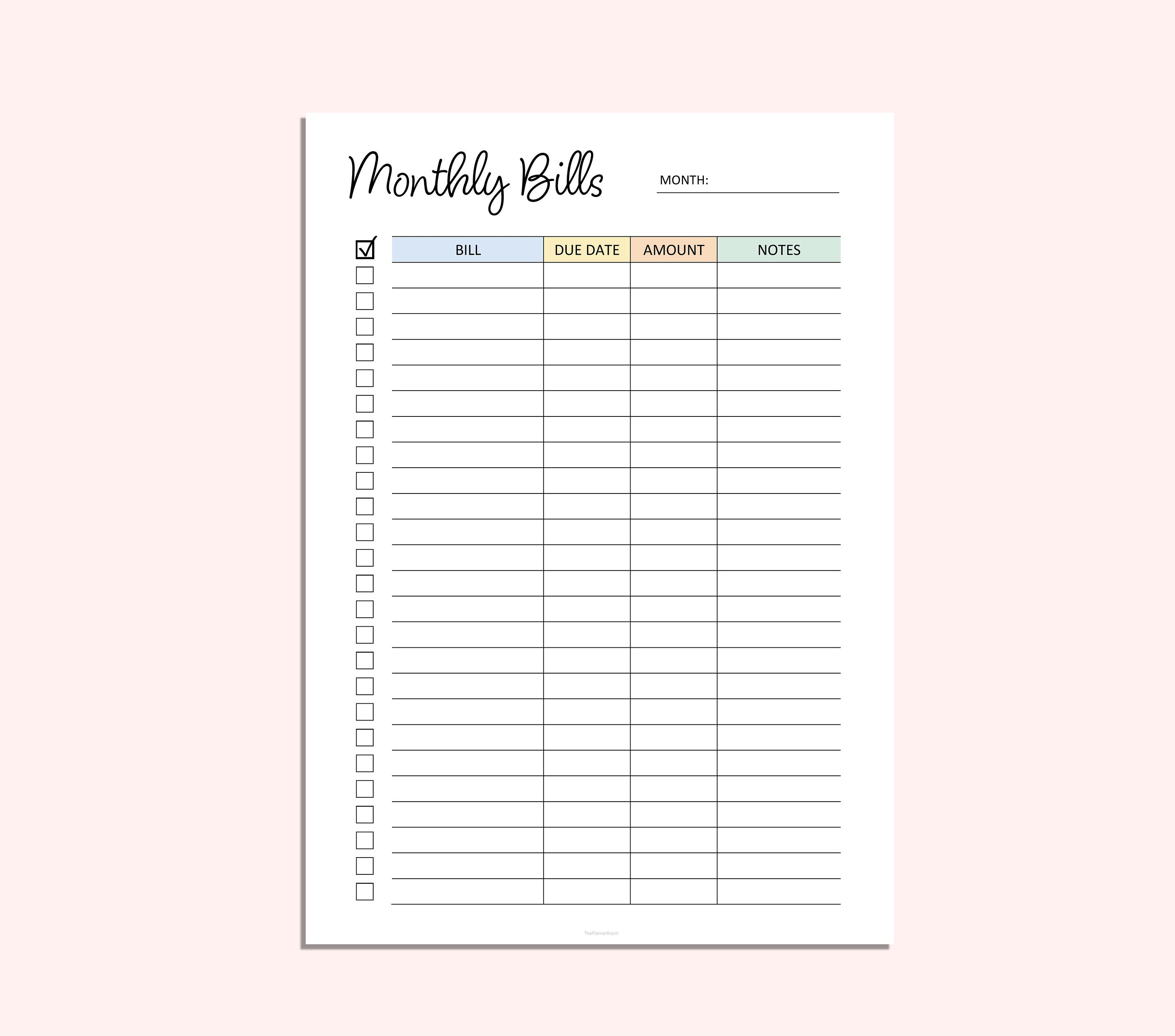 Monthly Bill Tracker Printable -editable Payment Tracker - Bill Log ...
