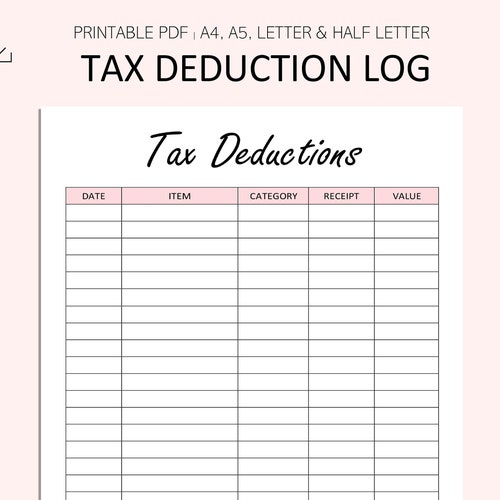 Tax Deduction Log Printable Tax Purchase Record Tax Etsy