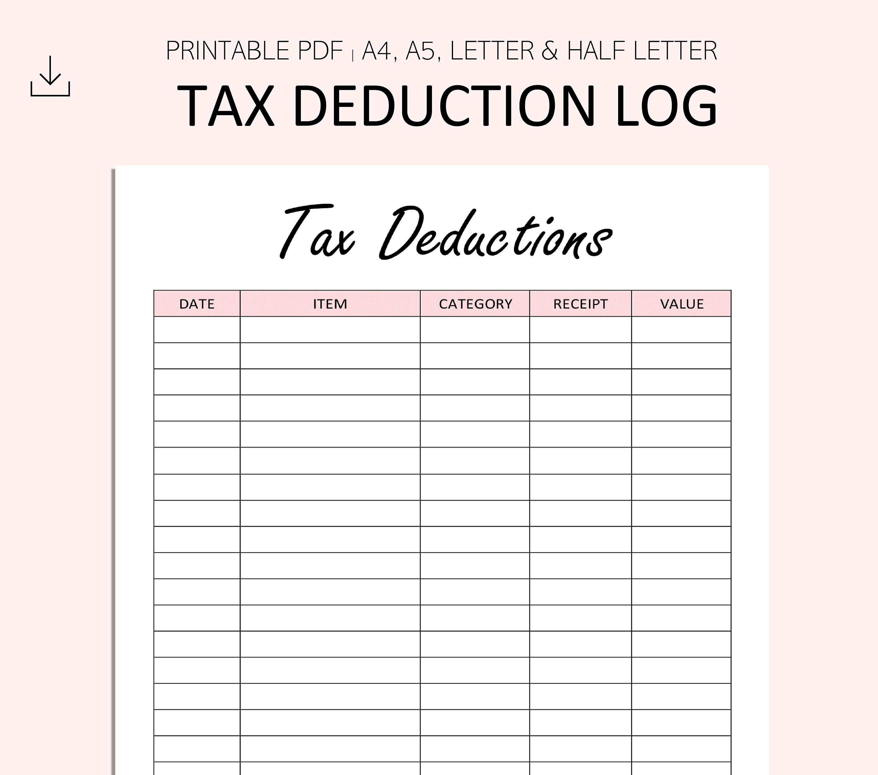 Tax Deduction Log Printable Tax Purchase Record Tax - Etsy