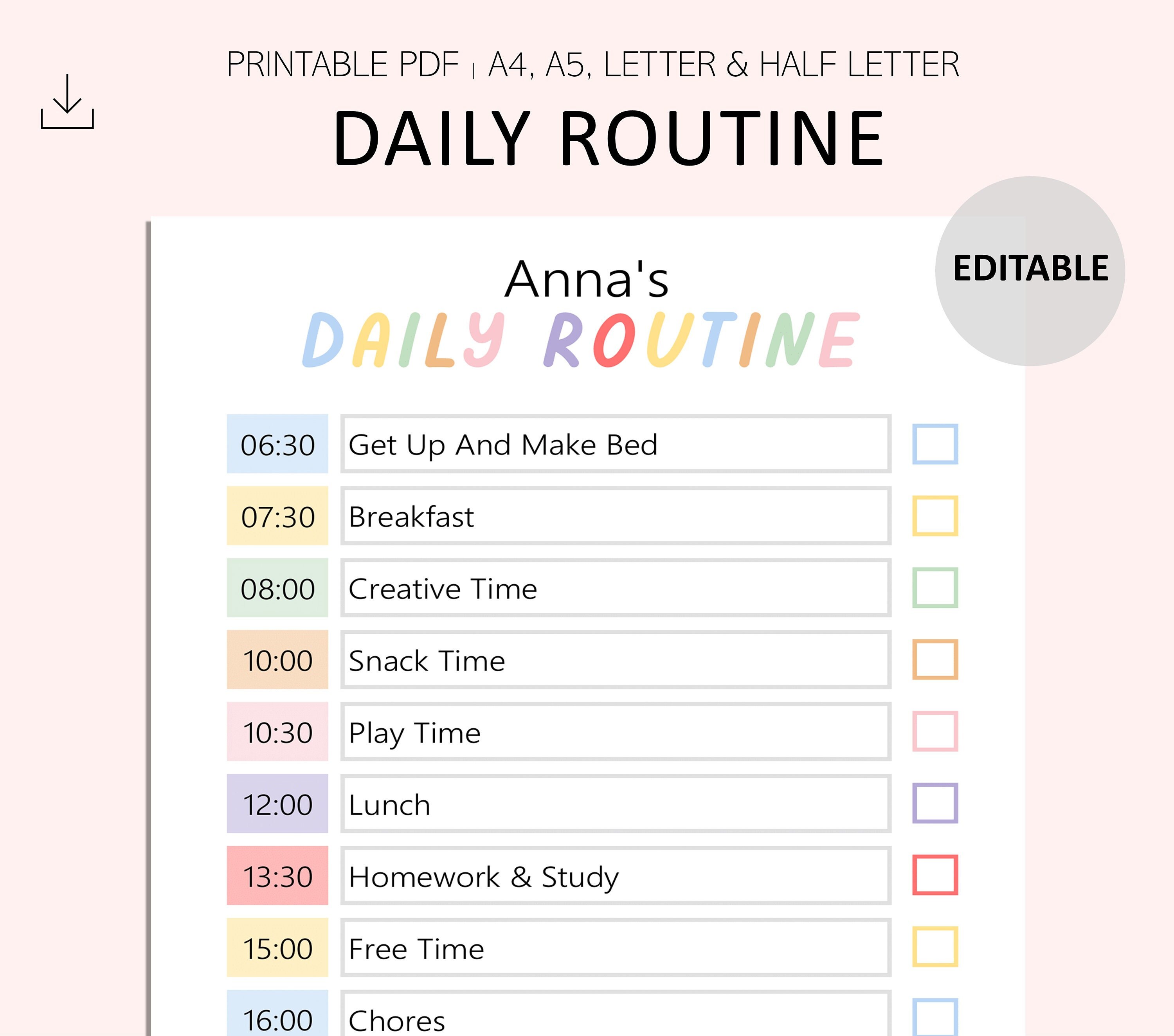 Fillable Routine Editable Daily Routine